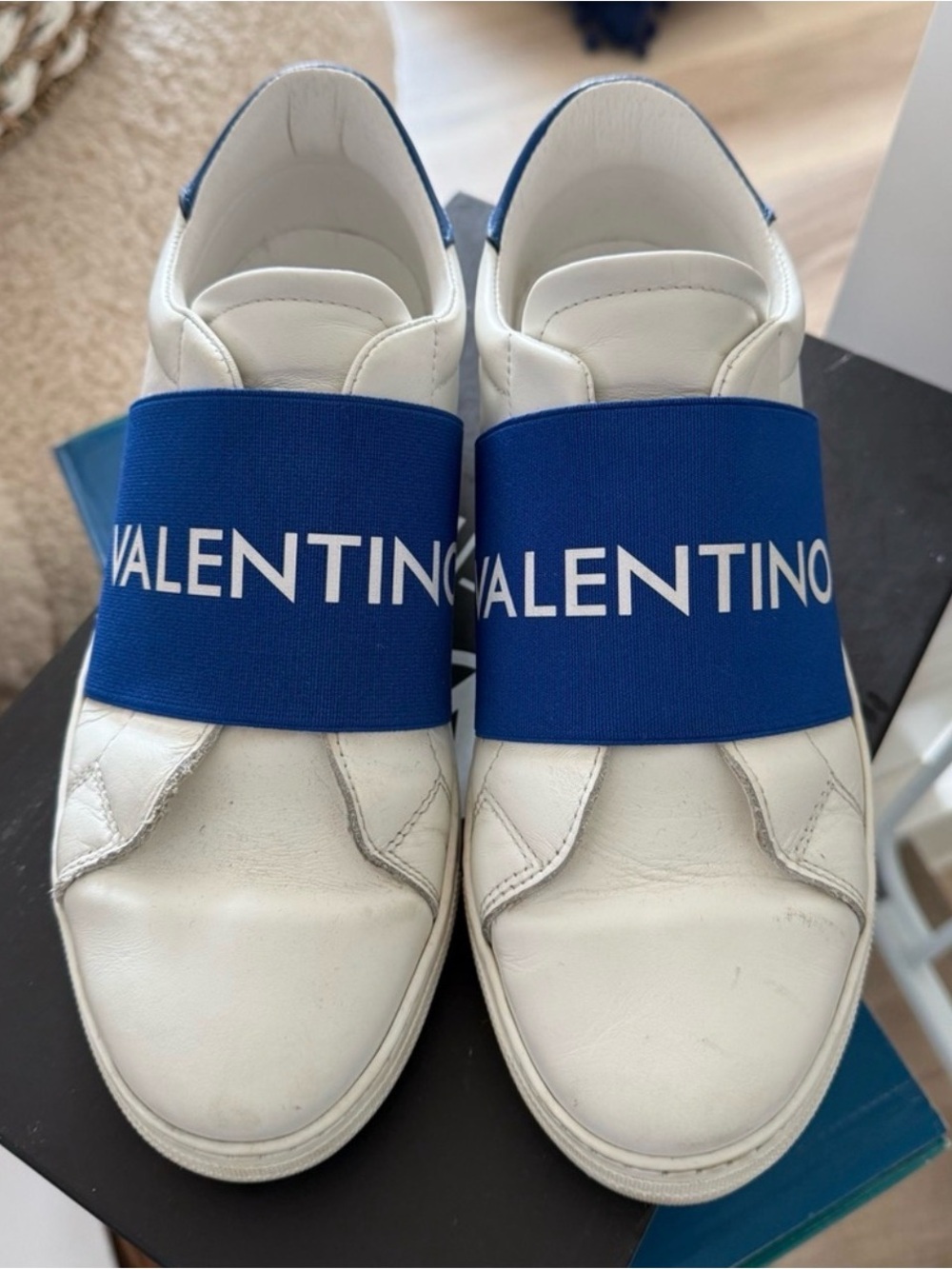 Mario Valentino White Leather Kids Slip-On Sneakers with Blue Logo Strap